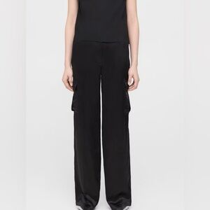 Theory Ladies Crushed Acetate Black Wide leg Cargo Pants